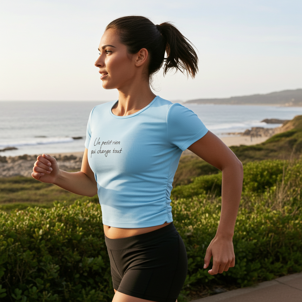 Femme faisant du jogging en bord de mer portant un t-shirt sport bleu ciel avec message inspirant 'Un petit rien qui change tout' - M|A PERSPECTIVE